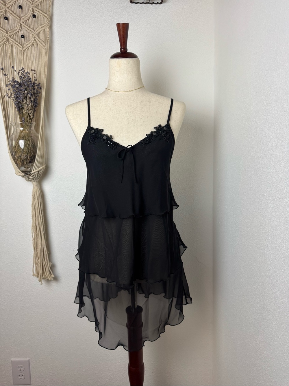 Vintage Black Lace-Trim Tiered Sheer Chemise